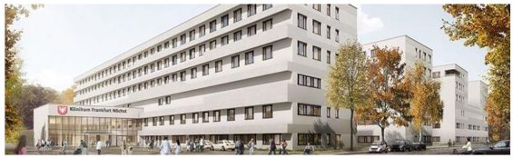 Die Außenansicht des Neubaus in Frankfurt: Laut dem neuen Entwurf sollen die Farbtöne der Fassade zurückhaltender gestaltet werden. Der Klinikbau ist insgesamt 143 Meter lang und über 23 Meter hoch. (Grafik: wörner traxler richter)